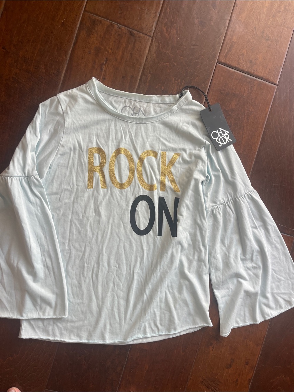 NWT Chaser Girls Size 12 Light Blue "Rock On" Long Sleeve Top with Bell Sleeves